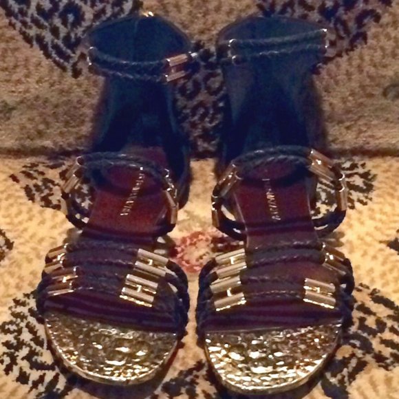 NEW BCBGMaxAzria Royale Black Gold Leather Sandals - Picture 6 of 9